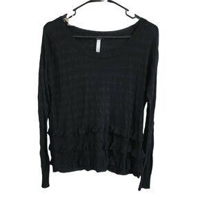 Kensie Sweater Womens Size XS Black Long Sleeve Striped Ruffles Pullover